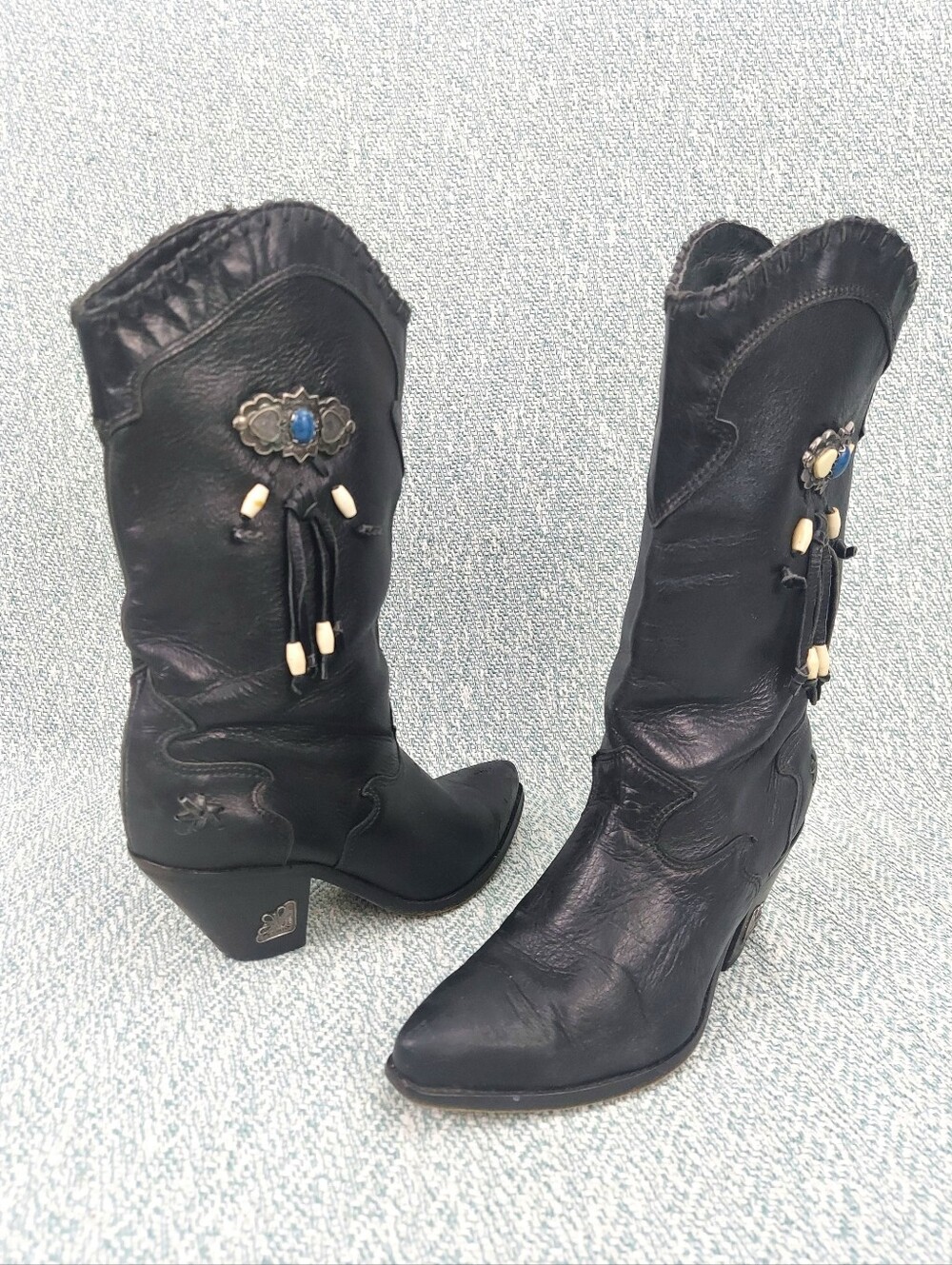 Zodiac Black Mid-Calf Heeled Western Boots with Tassel & Concho,  Sz 7M